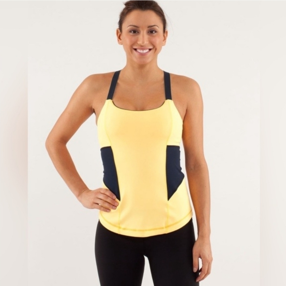 Lululemon Womens Yellow Navy Blue Colorblock Racerback Cardio Kick Tank Top Sz 8